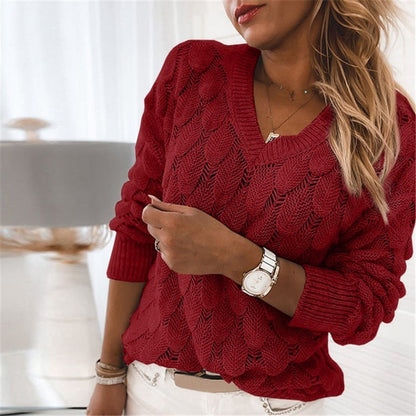 Pull en Maille Texturée et Ajourée à Col en V
