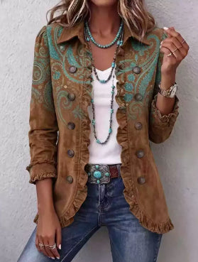 Andrine | Veste bohème-chic à motif floral  rétro et bords froncés