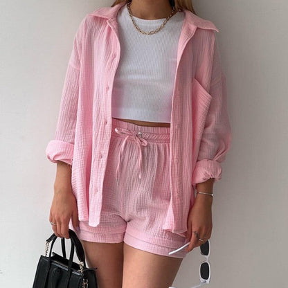 Ensemble chemise à boutonnage et short à cordon ivoire