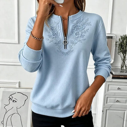 Pull Décontracté Zippé à Anneau avec Broderie Florale