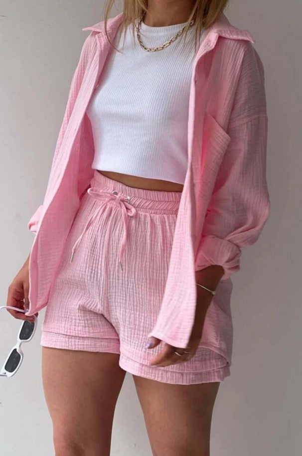 Ensemble chemise à boutonnage et short à cordon ivoire