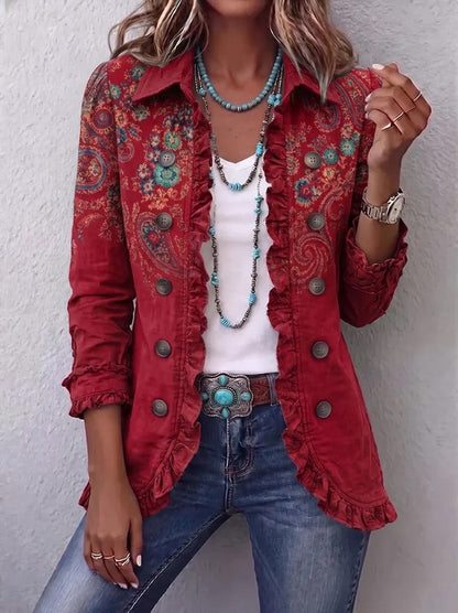 Andrine | Veste bohème-chic à motif floral  rétro et bords froncés