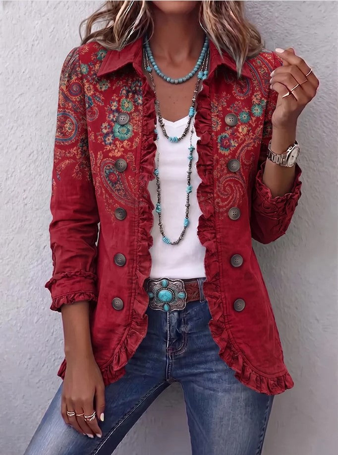 Andrine | Veste bohème-chic à motif floral  rétro et bords froncés