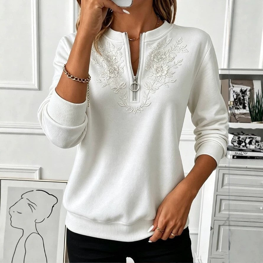 Pull Décontracté Zippé à Anneau avec Broderie Florale
