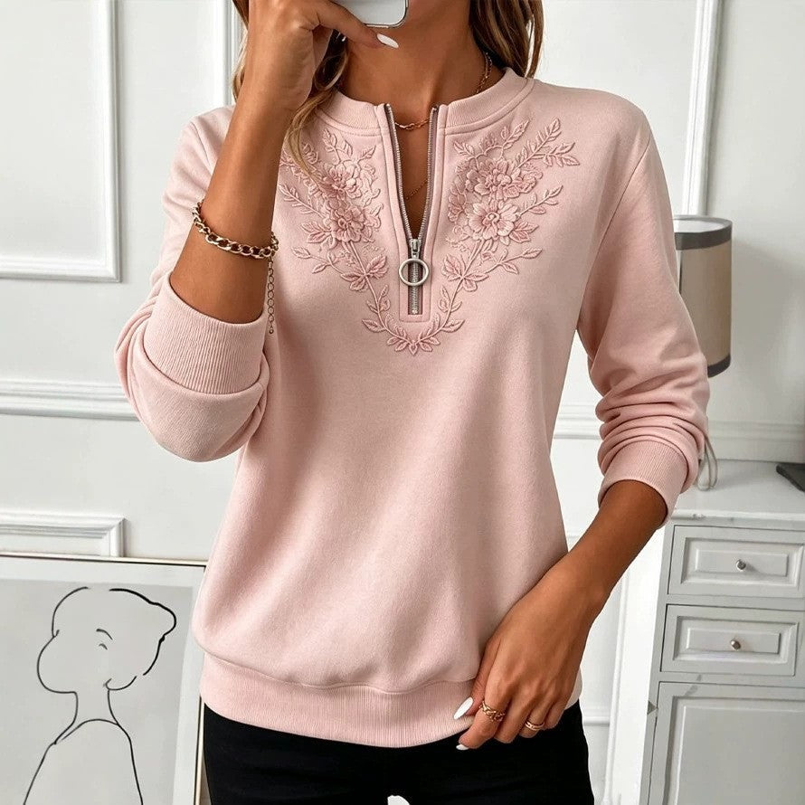 Pull Décontracté Zippé à Anneau avec Broderie Florale