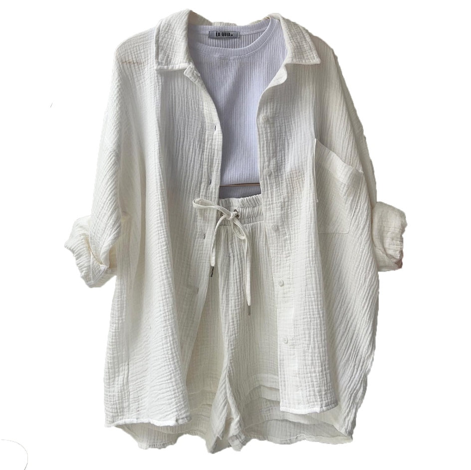Ensemble chemise à boutonnage et short à cordon ivoire