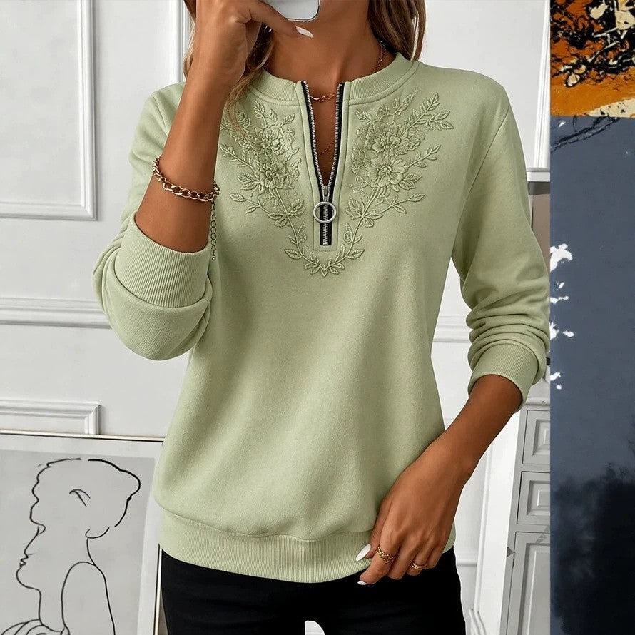 Pull Décontracté Zippé à Anneau avec Broderie Florale