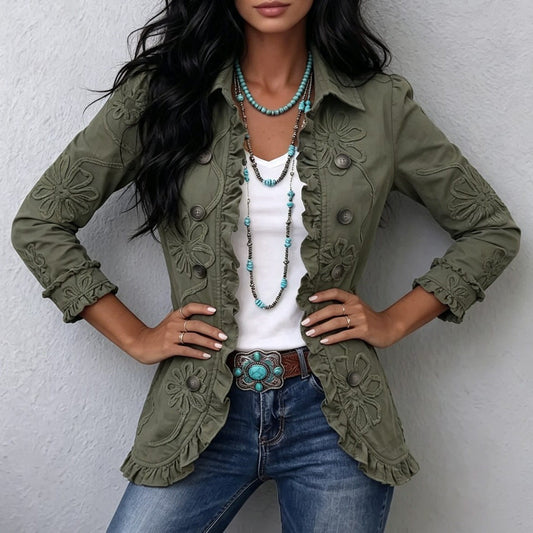 Andrine | Veste bohème-chic à motif floral  rétro et bords froncés