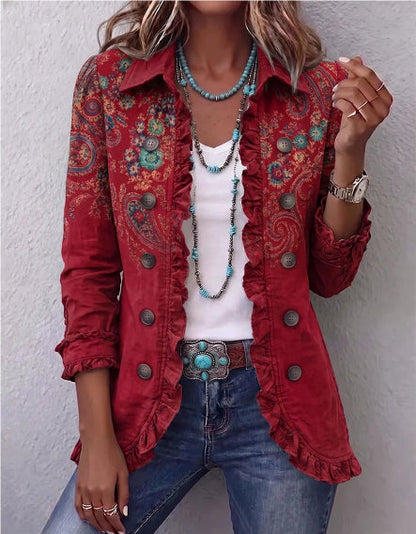 Andrine | Veste bohème-chic à motif floral  rétro et bords froncés